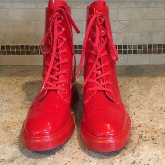 Stuart Weitzman McKenzee Red Patent Leather Lace Up Combat Boots Women’s size 7 - Picture 5 of 11